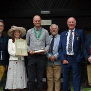 Edward Vaughan was awarded the Sir Bryner Jones Award on the first day of the 2023 Royal Welsh Show by President John Homfray and wife, Jo and medal sponsor, Gareth Roberts. Joined by Tom Allison and Alex Lockton. Image: RWAS