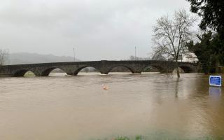 The River Wye in flood at Builth Wells.