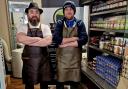 Peter Smith (r) with Thomas Pugh, co-owner of AJ Pugh butchers in Knighton