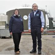 Fre-energy managing director Denise Nicholls and technical director Chris Morris in front of their anaerobic digester.