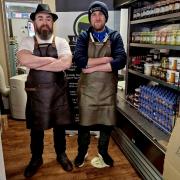 Peter Smith (r) with Thomas Pugh, co-owner of AJ Pugh butchers in Knighton