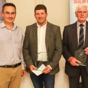 FWGS Grassland winner Richard Morris and runner-up Wyn Jones with Euryn Jones of HSBC (centre). Image: FWGS